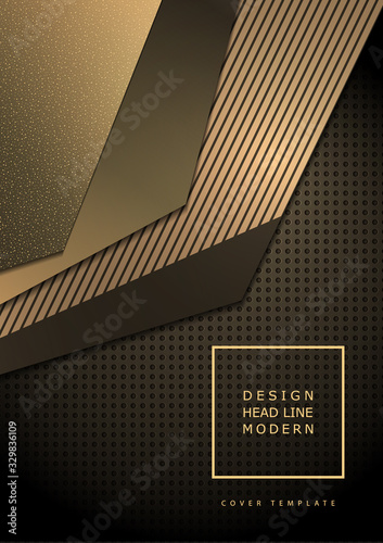 Bright abstract technical composition  geometric shapes  overlap  stripes  dots  perforated dark background. The colors of gold. Modern template for your corporate design.