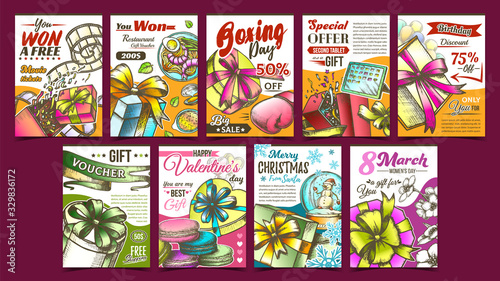 Gift Box Collection Advertising Posters Set Vector. Different Creative Advertise Banners With Present Box And Snowball, Tablet And Flowers. Template Hand Drawn In Retro Style Color Illustrations