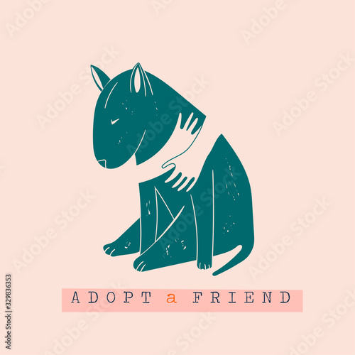 Adopt a Friend. Do not buy a pet. Human hands are hugging abull terrier Dog silhouette. Animal care, adoption concept. Help the homeless animals find a home. Hand drawn Vector illustration