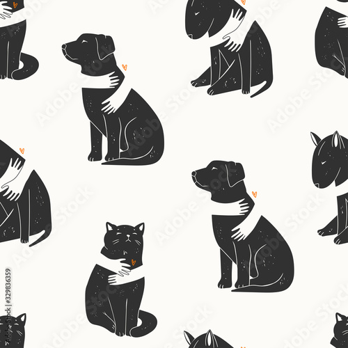 Adopt a Friend. Do not buy a Pet. Human hands are hugging Dogs and Cat. Animal care, adoption concept. Help the homeless animals find a home. Hand drawn Vector seamless pattern. Wallpaper