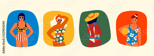 Set of four Hand drawn beautiful ladies. Women posing in bright and colored swimsuits. Young Women Enjoying Summer on the beach. Sunbathing. Colored Vector illustration. Cartoon style. Flat design
