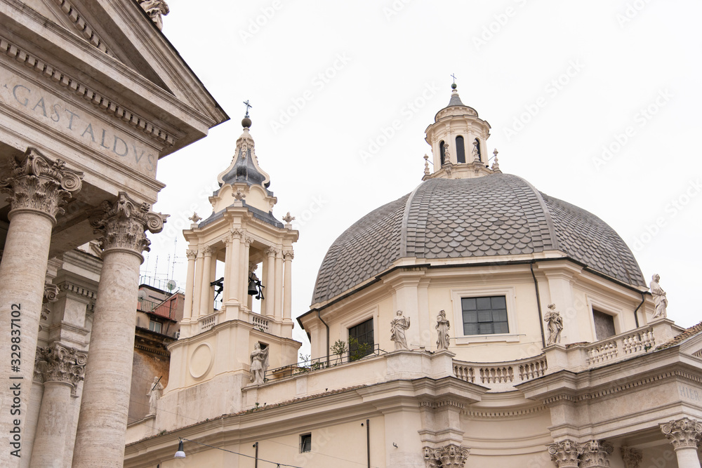 Detail of the twin churches in Piazza del Popolo Rome, Italy. Santa Maria in Montesano and Santa Maria dei Miracoli from the second half of the 17th century