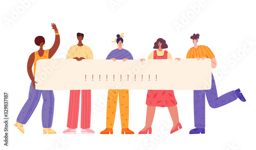Protesting people crowd holding empty blank placard banner. Activist man and woman on meeting or parade standing together. manifesting activists demonstrating, protest concept - vector flat characters