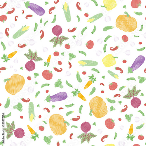 Seamless pattern with vegetables. Pumpkin, garlic, tomato, eggplant, cucumber, corn, peas, beet, carrot, broccoli, bell pepper and chili