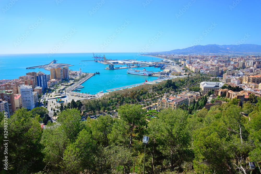 Malaga, Spain - March 4, 2020: View of the city of Malaga next to its Port.