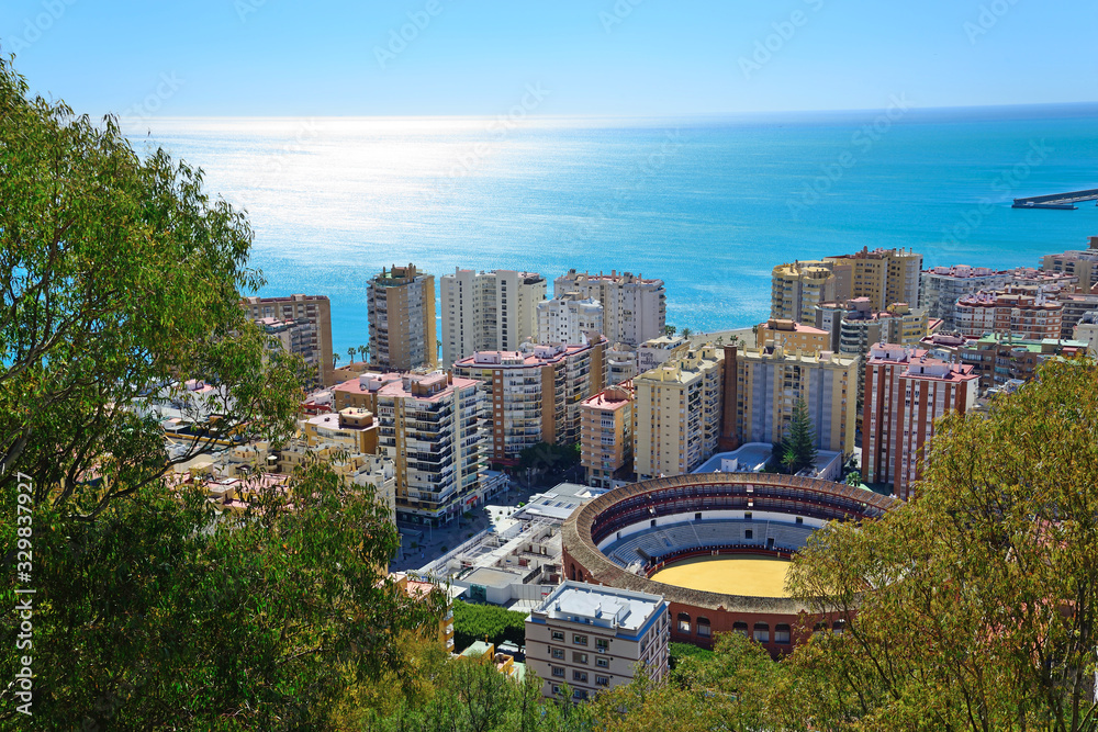 Malaga, Spain - March 4, 2020: View of the city of Malaga and the La Malagueta Bullring.