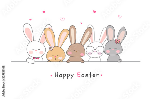 Easter egg hunt poster invitation template vector in minimal color style. Cute hand drawn rabbits with Happy Easter lettering background.
