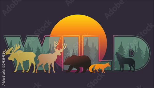 Vector animal silhouettes_composition wild forest and animals photo