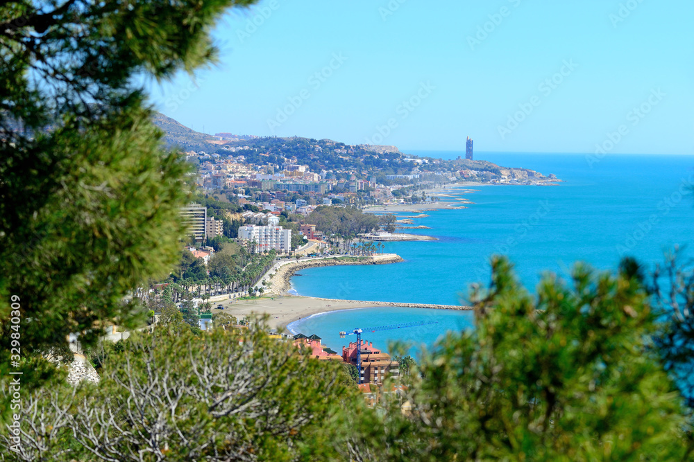 Malaga, Spain - March 4, 2020: Views of the city of Malaga with the Beaches of Pedregalejo and Acacias.