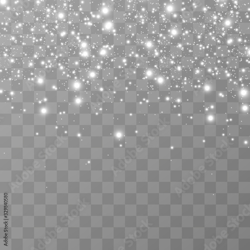 White sparks and golden stars glitter special light effect. Vector sparkles on transparent background. Christmas abstract pattern. Sparkling magic dust particles