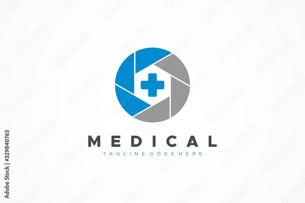 Medical Logo. Shield Camera with Blue Cross Sign Inside. Flat Vector Logo Design Template Element.