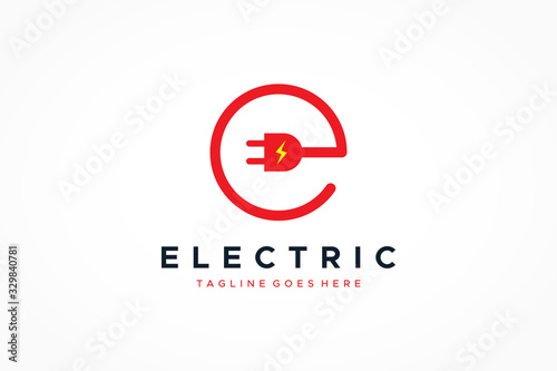 Letter E Electricity Logo. Circular Line Wire and Plug Icon with Flash Symbol inside. Flat Vector Logo Design Template Element.