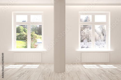 Empty room in white color with winter and summer landscape in window. Scandinavian interior design. 3D illustration