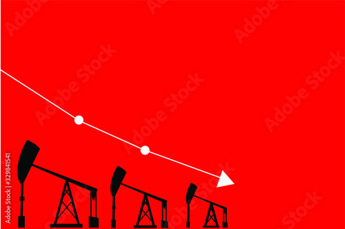 Oil price falling down graph vector concept horizontal banner with arrows and oil rigs isolated on red background. vector business market illustration background.OPEC Iran Saudi Arabia america russia