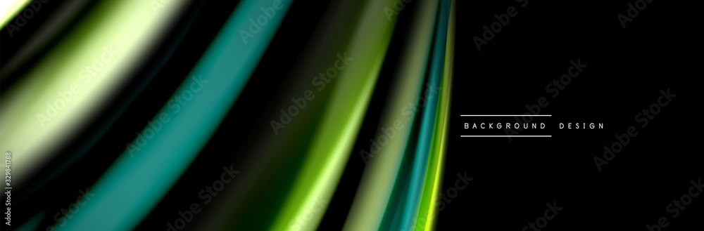 Silk and smooth flow wave poster design. Color waves, liquid style lines and shapes in black color background Silk and smooth flow wave poster design. Color waves, liquid style lines and shapes in black color background