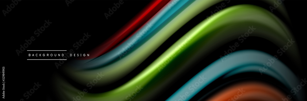 Silk and smooth flow wave poster design. Color waves, liquid style lines and shapes in black color background Silk and smooth flow wave poster design. Color waves, liquid style lines and shapes in black color background