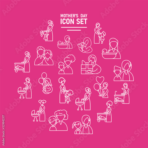 set of icons with mother and baby, line style icon