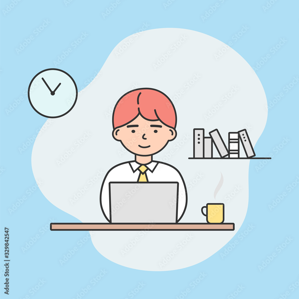 Concept Of Freelance Work. Freelancer Is Working On The Laptop Sitting At Home. Remote Work And Work From Anywhere. Man Is Typing On The Laptop. Cartoon Linear Outline Flat Style. Vector Illustration Concept Of Freelance Work. Freelancer Is Working On The Laptop Sitting At Home. Remote Work And Work From Anywhere. Man Is Typing On The Laptop. Cartoon Linear Outline Flat Style. Vector Illustration