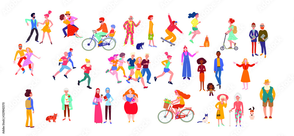 Large group of people performing summer outdoor activities - riding bicycle, skateboarding, walking dogs and cats, dance, run, walk with children. Crowd of people flat vector on white background.