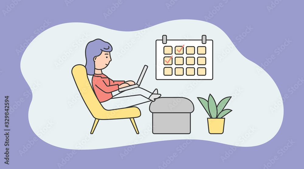 Concept Of Freelance Work. Freelancer Girl Work On Laptop Sitting In Armchair. Remote Work And Work From Anywhere. Woman Is Typing On Laptop. Cartoon Linear Outline Flat Style. Vector Illustration Concept Of Freelance Work. Freelancer Girl Work On Laptop Sitting In Armchair. Remote Work And Work From Anywhere. Woman Is Typing On Laptop. Cartoon Linear Outline Flat Style. Vector Illustration