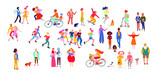 Large group of people performing summer outdoor activities - riding bicycle, skateboarding, walking dogs and cats, dance, run, walk with children. Crowd of people flat vector on white background.