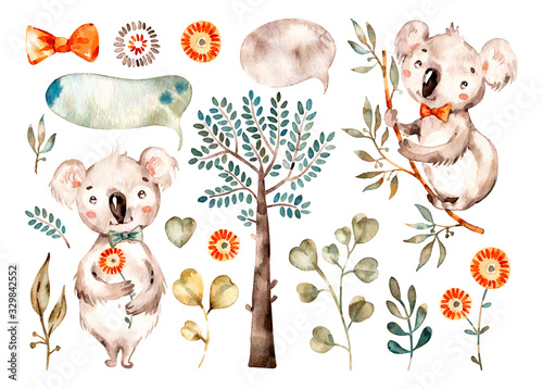Baby cute koala. Watercolor nursery cartoon australian animals, tropical trees, leaves. Adorable Nurseries animal set isolated on white background. Hand painted watercolour baby koala clip art