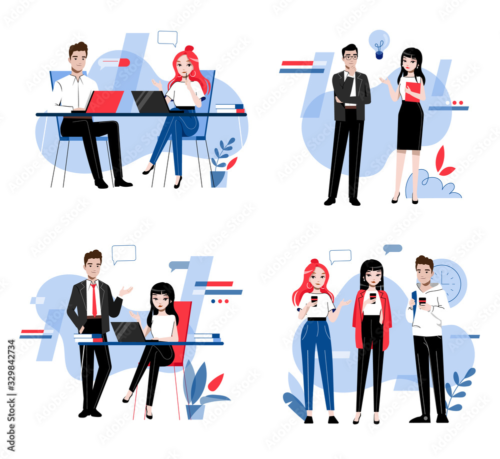 Creativity, Brainstorming, Innovation And Teamwork Concept. Group Of People Are Working On And Developing Together A New Project In Office. Cartoon Linear Outline Flat Style. Vector Illustration Set
