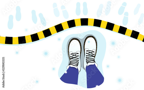 Illustration of top view of legs, boots on snow, stripe, footprints. Psychological concept of isolation, protection virus, personal boundaries, separation, loneliness. 