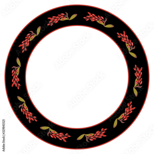 Isolated vector illustration. Abstract round decor, frame or texture with clusters of red dogwood or barberry berries. Folk style.