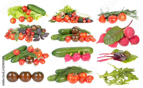 Set of ingredients for vegetable salad isolated on white background. Red tomatoes, green cucumbers, purple and green basil, radish, sage and arugula leaves