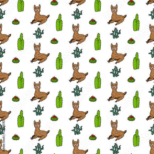 Cute lamas and alpacas. Funny animals isolated on white. Alpaca pattern. Cactus