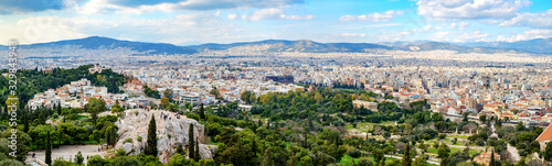 Panoramic view over the Athens city, Ancient Agora of Athens and Areopagus - Hill