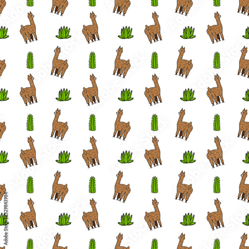Cute lamas and alpacas. Funny animals isolated on white. Alpaca pattern. Cactus