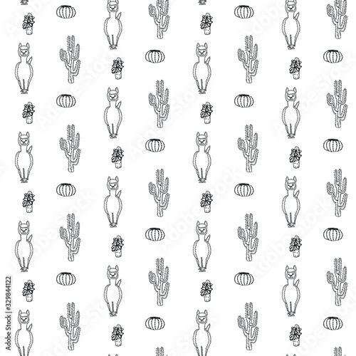 Cute lamas and alpacas. Funny animals isolated on white. Alpaca pattern. Cactus