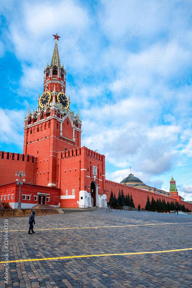 Moscow Kremlin with Spassky Tower in center city on Red Square, Moscow, Russia Moscow Kremlin with Spassky Tower in center city on Red Square, Moscow, Russia