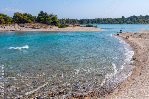 Halkidiki, Greece - September 05,2019: Lagoon Beach near Pefkochori, Halkidiki, Greece. One of the most beautiful beaches in the Halkidiki Peninsula.