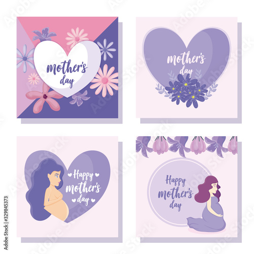 happy mothers day cards with hearts, flowers and pregnant women