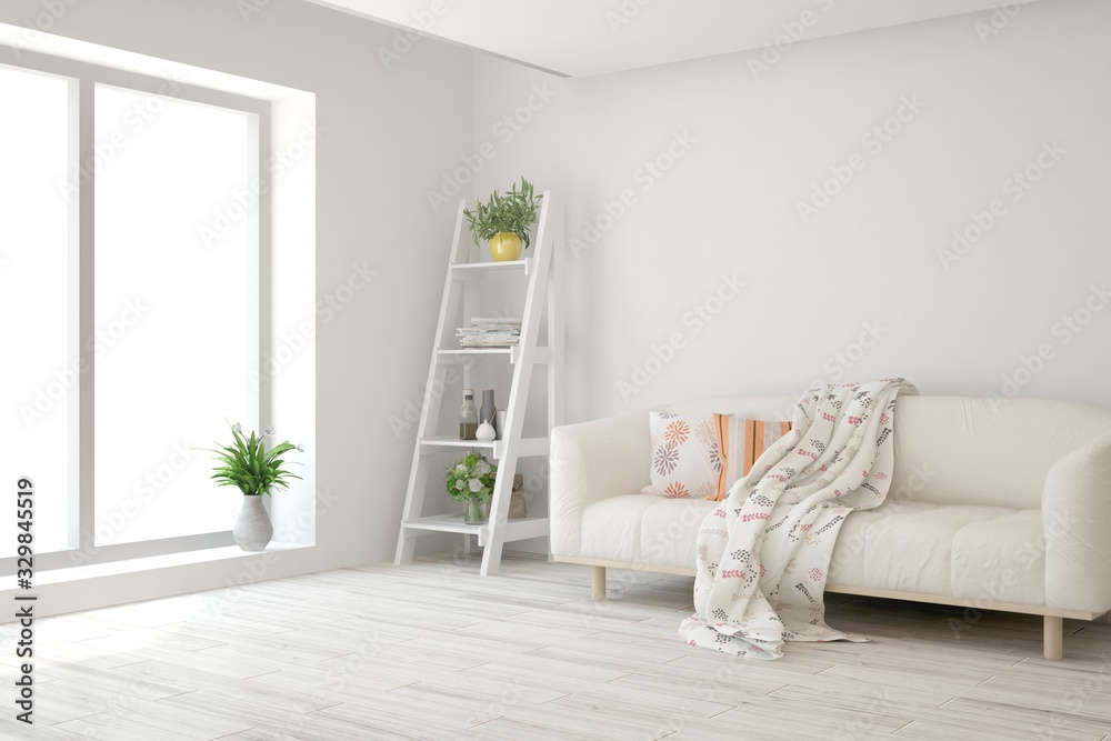 Fototapeta premium Modern living room in white color with sofa. Scandinavian interior design. 3D illustration