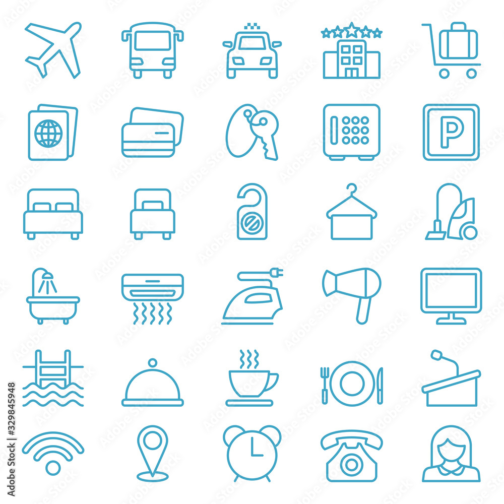 Linear web icon set of hotel services. Vector illustration