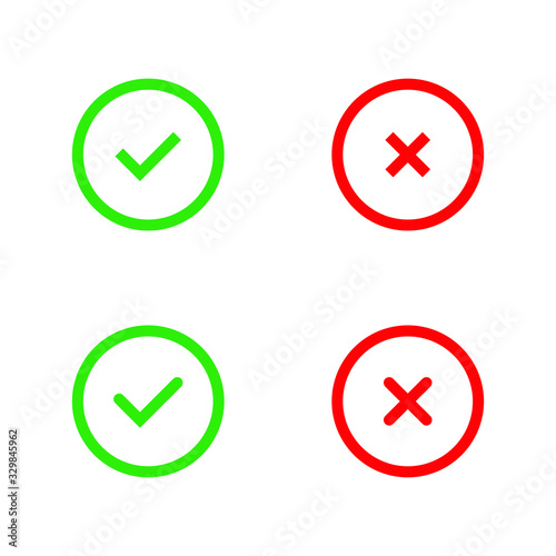 Green Check Mark and Red Cross in two variants (square and rounded corners), isolated vector illustration