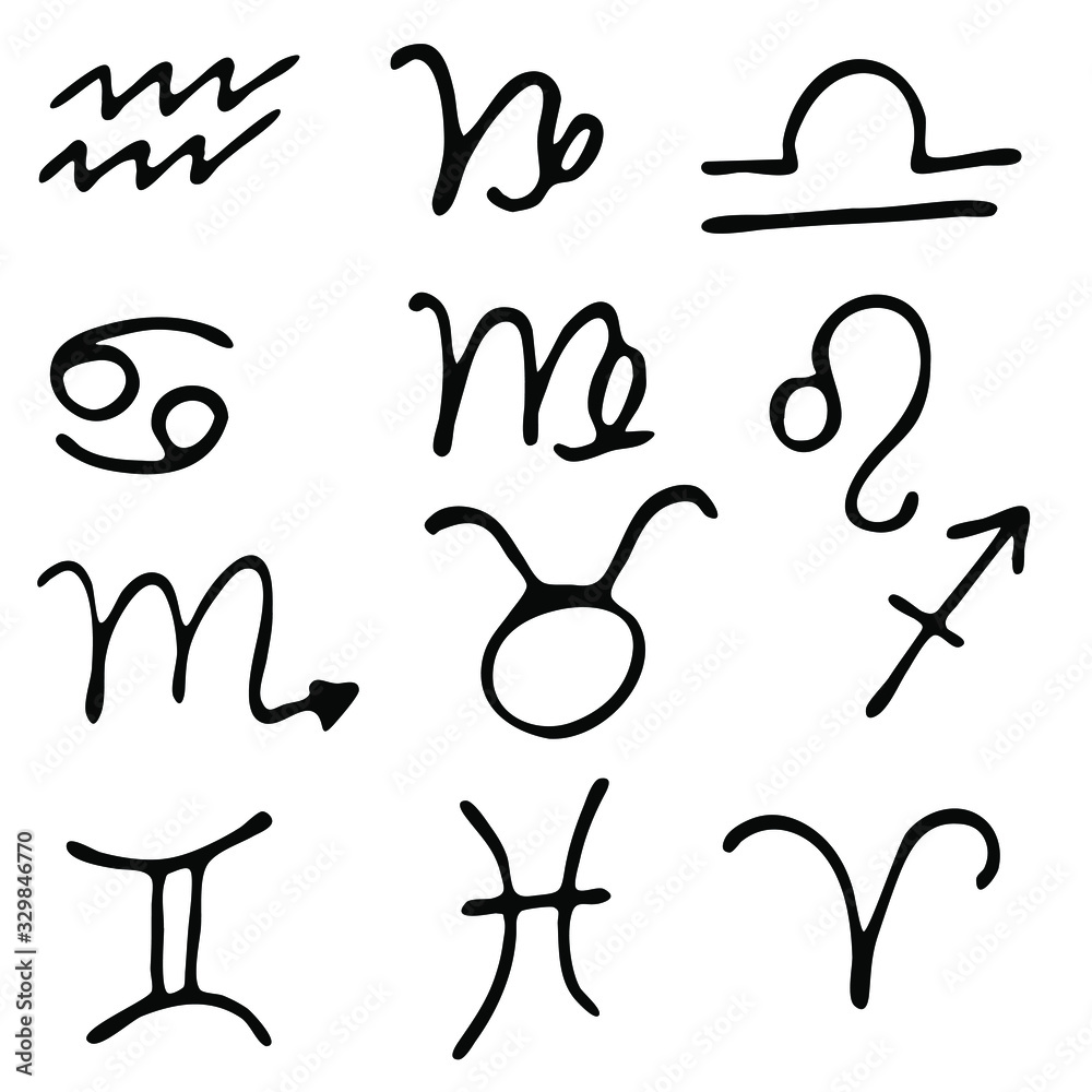 Obraz premium Zodiac signs. Hand drawn horoscope astrology symbols, grunge textured design, typography print, vector illustration.