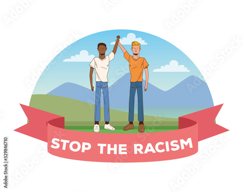 couple of interracial men stop racism campaign