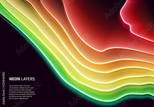 Neon glass layers stacked with reflections for 80s or 90s styled abstract background in synthwave, retrowave or cyberpunk shiny neon style