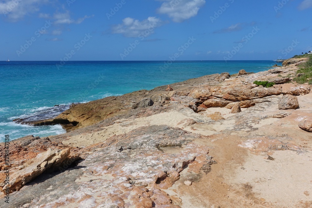 View of a beach on the blue Caribbean Sea in Saint Martin (Sint Maarten), Dutch Antilles