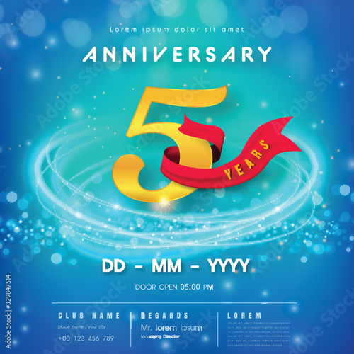 5 years anniversary logo template on blue Abstract futuristic space background. 5th modern technology design celebrating numbers with Hi-tech network digital technology concept design elements.