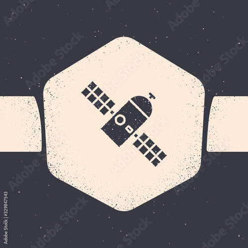 Grunge Satellite icon isolated on grey background. Monochrome vintage drawing. Vector Illustration