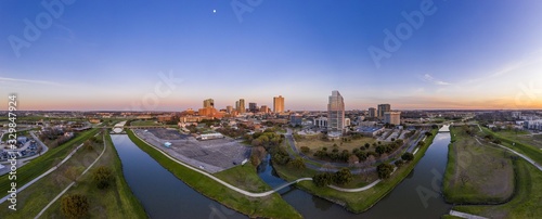 Obraz na płótnie Aerial panorama picture of the Fort Worth skyline at sunset from west direction