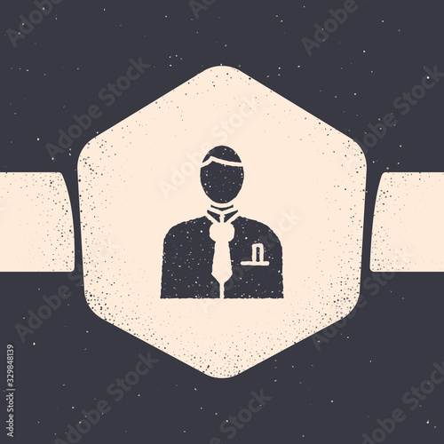 Grunge Businessman or stock market trader icon isolated on grey background. Monochrome vintage drawing. Vector Illustration