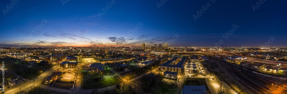 Panoramic aerial view on the city of Fort Worth during sunset with final afterglow and clear skies
