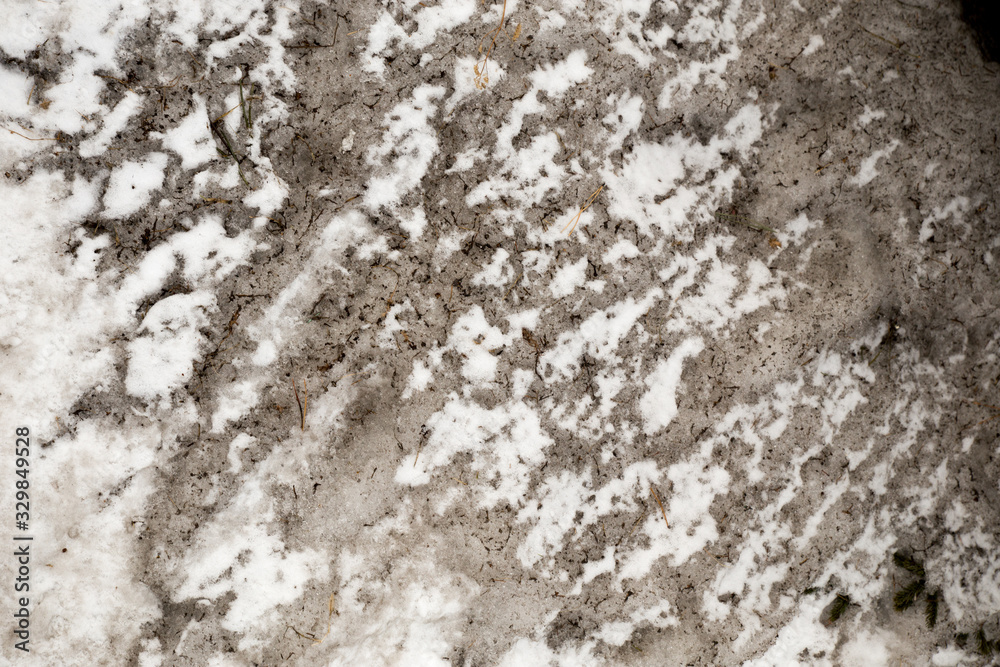 Obraz premium Dirty snow spring background. Old and dirty snow texture. Natural background. Snow mixed with coal soot, poor ecology. Environmental pollution.